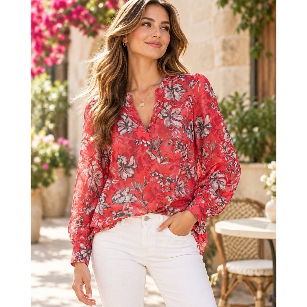 KUT from the Kloth Floral Blouse Women's M Coral Red Long Sleeve Split Neck